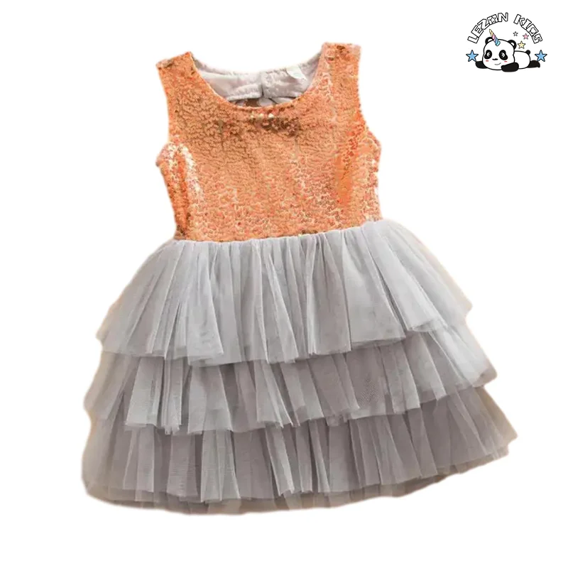 LEZONKIDS - Envio Grátis Atacado Personalizado Vestido de Verão para Meninas Top de Lantejoulas Coração Fofo Corte Tule para Bebê